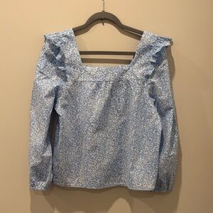 J. Crew Blue Floral Blouse with Ruffle Accents, 100% Cotton